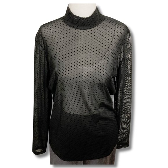 KAFFE Black semi-sheer polka dot mockneck top ~ Goth stretchy LARGE XL 1X shirt - Picture 1 of 14
